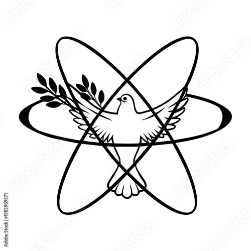 Peace dove with olive branch inside atomic symbol illustration  