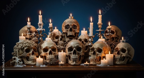 A collection of skulls surrounded by lit candles, creating a spooky ambiance.