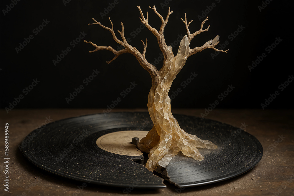 Obraz premium Fantasy Landscapes of Fossilized Tree Growing From a Cracked Vinyl Record