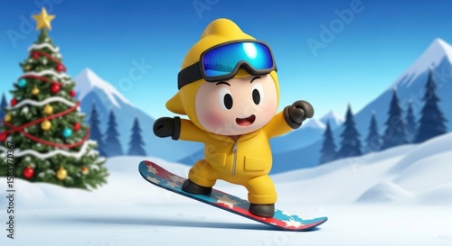 A cheerful cartoon character snowboarding down a snowy mountain slope near a decorated Christmas tree.