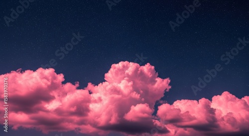 Pink clouds float against a dark blue sky, creating a surreal and dreamlike atmosphere.