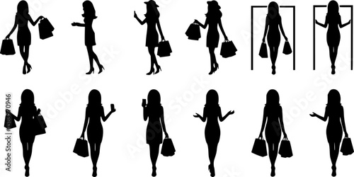 Symbol of simple fashion shopping girl icon silhouette in a simple, minimalist vector on a white background
