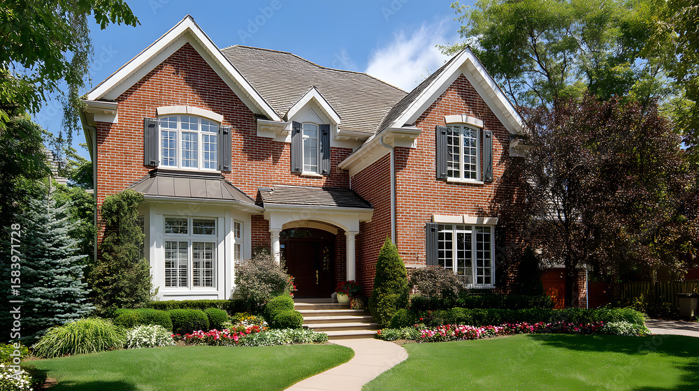 Obraz premium Elegant brick house with charming architectural details, lush green lawn, and vibrant landscaping under a clear blue sky
