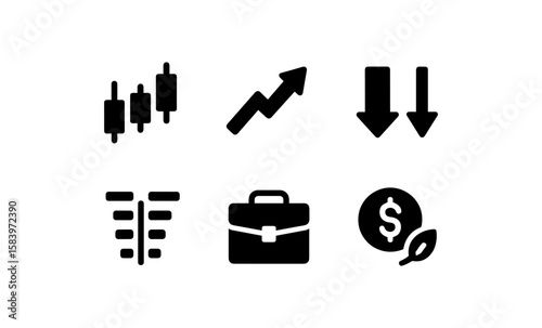 Black silhouette business icons: finance trends and market symbols