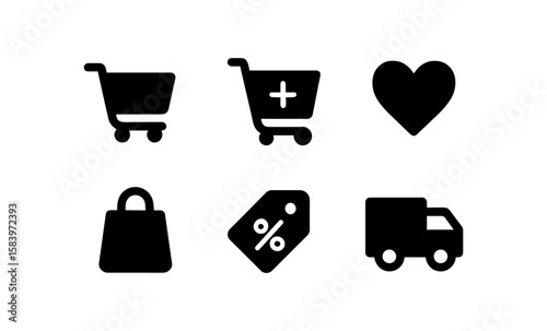 Shopping icons: cart, heart, bag, tag, truck for e-commerce and retail