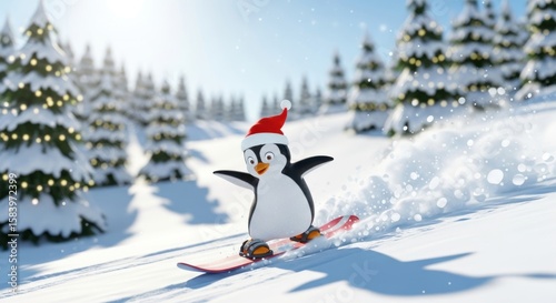 A happy cartoon penguin wearing a Santa hat is snowboarding down a snowy hill surrounded by evergreen trees.