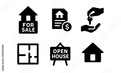 Realty icons collection: home sales, open house, and floor plans in bold silhouette