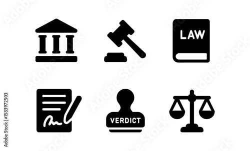 Black and white legal icons set featuring court symbols and law elements