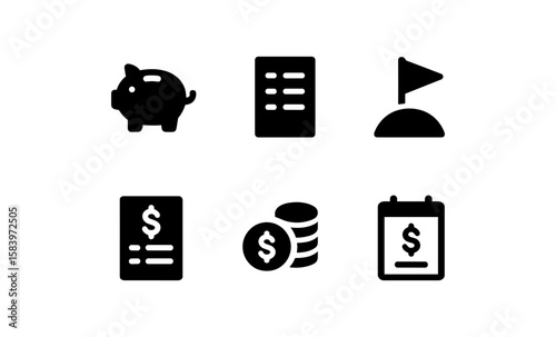 Minimalist finance icons set: piggy bank, bill, flag, coins, calendar