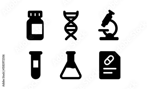 Flat science icons: lab equipment and dna symbols for research designs