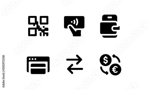 Minimalist black icons for digital transactions and e-wallets