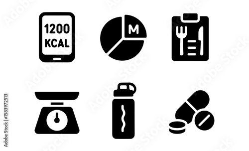 Icon set of nutrition and fitness elements including calories, diet planning, and exercise essentials