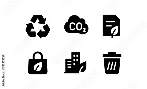 Eco icons set: recycle, co2, sustainability, green living symbols in minimalist style