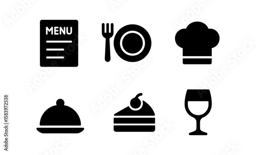 Silhouette icons of dining and culinary essentials for restaurant themes