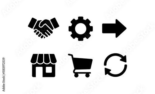 Business icons set featuring silhouette symbols for e-commerce and logistics