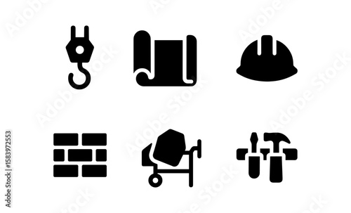 Construction icon set: tools, gear, and building essentials in silhouette style