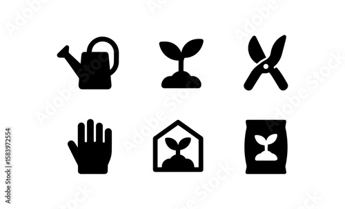 Gardening icons: essential tools and sprouting plants in silhouette style