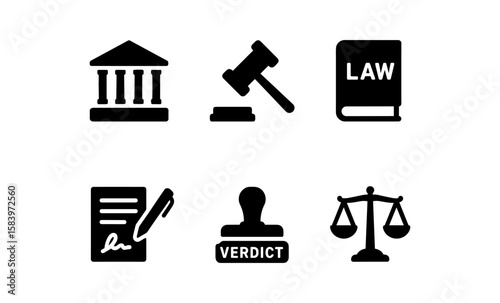 Silhouette icons of justice: court, gavel, law book, contract, verdict, and scale
