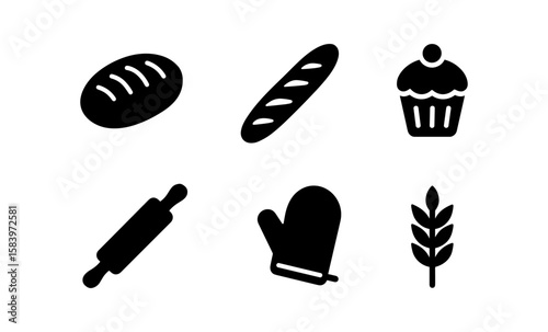Baking icons: bread, baguette, cupcake, rolling pin, oven mitt, wheat
