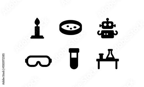 Science icons set with candle, petri dish, robot, goggles, test tube, and laboratory equipment