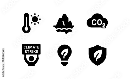 Climate change icons set featuring thermometer, iceberg, carbon dioxide, climate strike, green energy, and eco shield