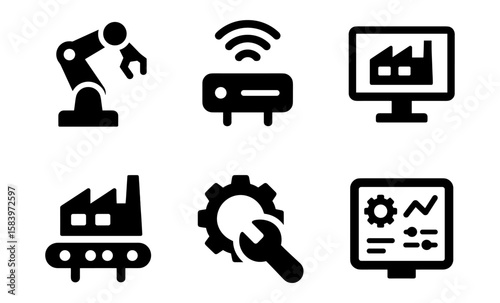 Industrial automation icons collection: factory, robotics, and smart technology elements