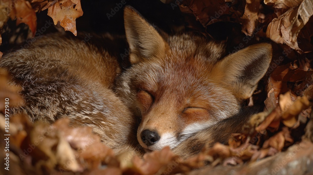 Fototapeta premium Two foxes asleep amidst autumn leaves