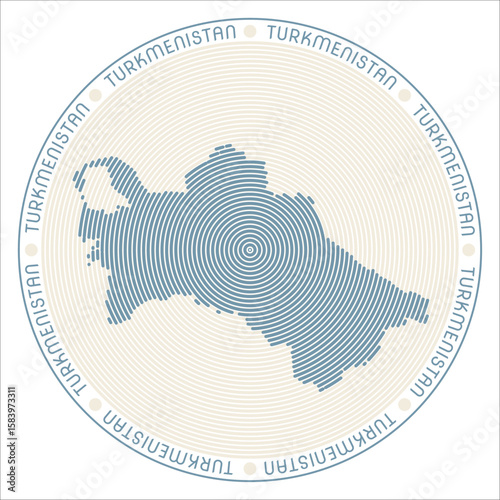 Turkmenistan round logo design. Country shape build of rings. Turkmenistan text around the country. Vector Illustration.