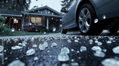 A car is pelted with hail in the driveway of a suburban home as it is parked in the driveway. A hailstorm, low angle, hail stones on the ground, hail damaged house and car, weather - low angle video