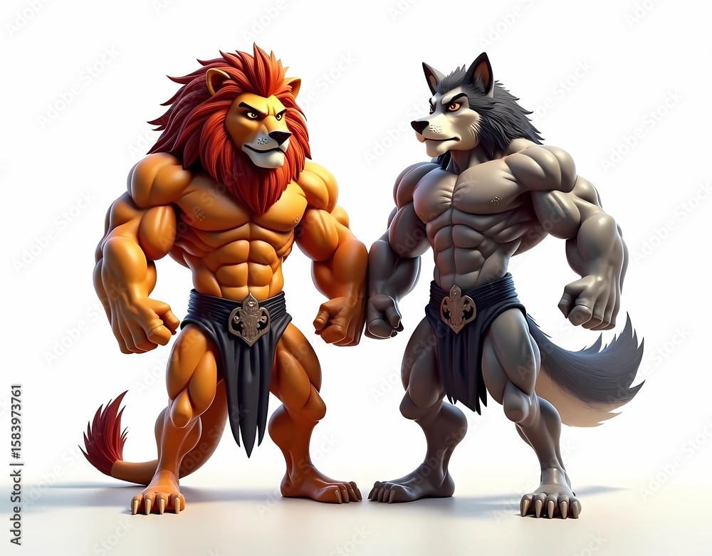 Fototapeta premium Illustration of a lion and a wolf bodybuilder face off. Isolated on a white background. AI generated