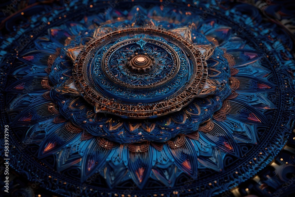 Fototapeta premium Detailed ornate mandala, deep blue and bronze