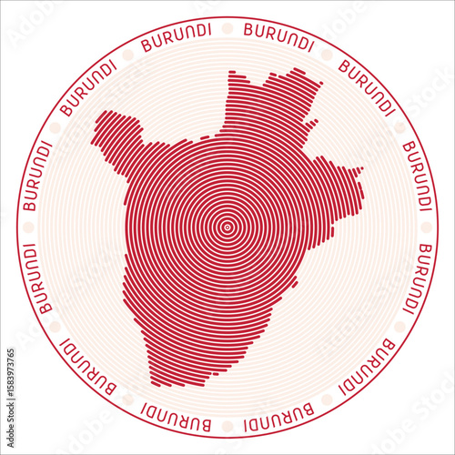 Burundi round logo design. Country shape build of rings. Burundi text around the country. Vector Illustration.