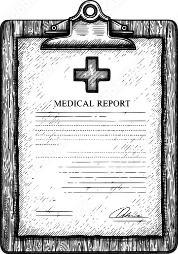 Clipboard with medical report and cross symbol in hand-drawn style