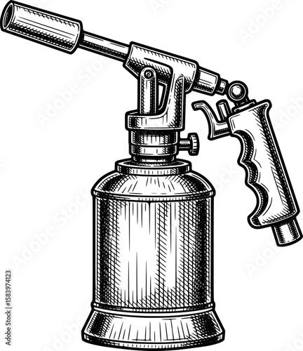 Blowtorch with fuel tank and nozzle in hand-drawn style