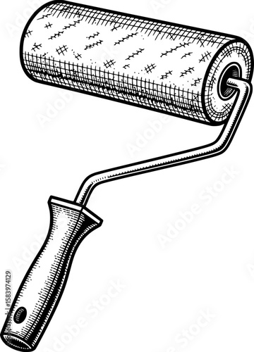 Paint roller with textured surface and angled handle in hand-drawn style