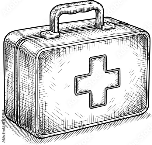 First aid kit box with cross symbol and carrying handle in hand-drawn style
