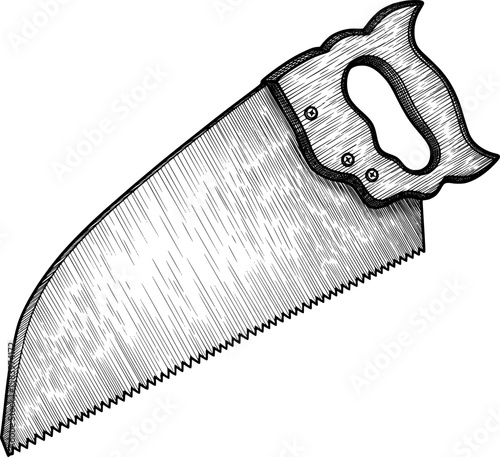 Handsaw blade with wooden handle and detailed teeth in hand-drawn style