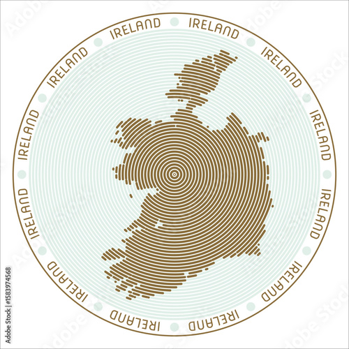 Ireland round logo design. Country shape build of rings. Ireland text around the country. Vector Illustration.