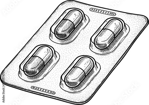 Pill blister pack with four capsules in hand-drawn style