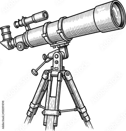 Telescope on tripod with detailed lens lines in hand-drawn style