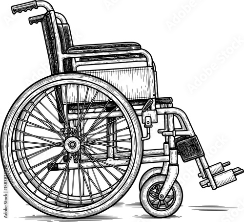 Wheelchair with large rear wheels and footrest in hand-drawn style