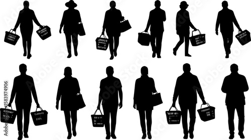 people with shopping basket silhouette vector
