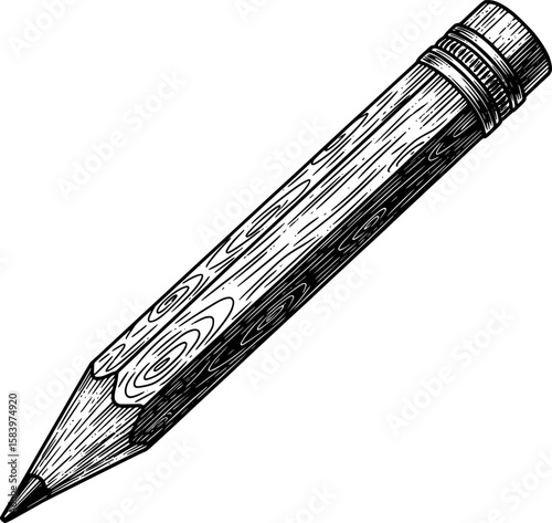 Wooden pencil with sharpened tip and wood grain in hand-drawn style
