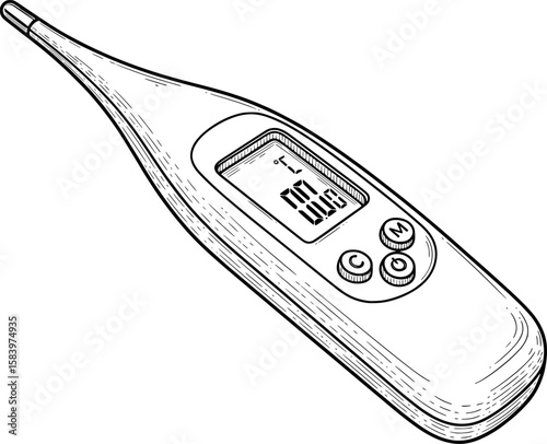 Digital thermometer with screen and buttons in hand-drawn style