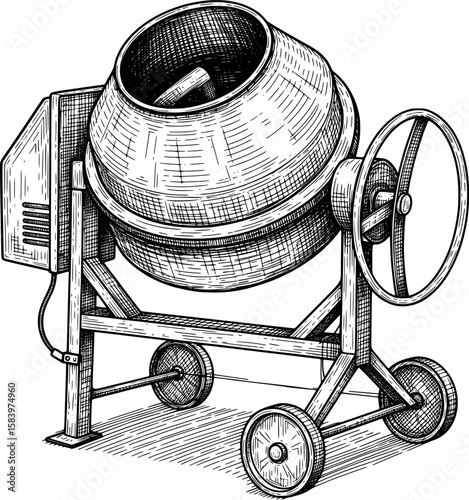 Cement mixer barrel on frame with wheels in hand-drawn style