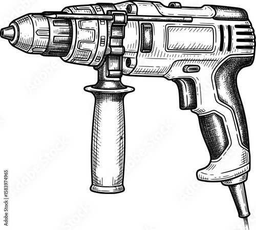 Handheld electric drill with side grip in hand-drawn style