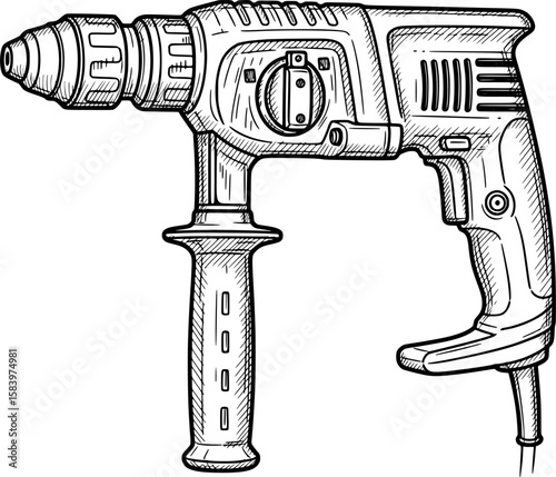 Hammer drill with motor housing and bit area in hand-drawn style