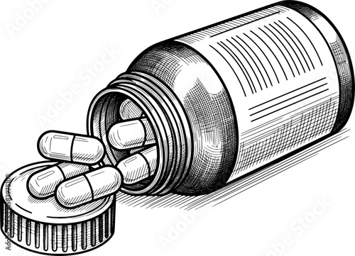 Pill bottle with engraved cap and label lines in hand-drawn style
