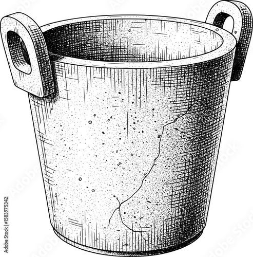 Concrete bucket with side handles and texture in hand-drawn style