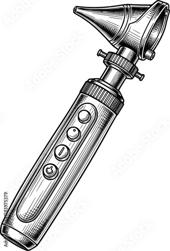 Otoscope with cone-shaped tip and handle buttons in hand-drawn style